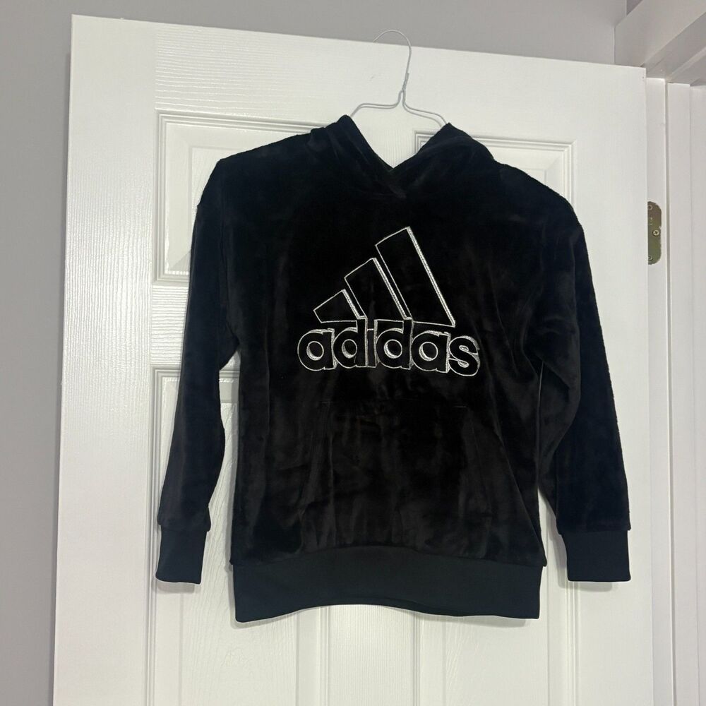 ADIDAS Hooded Fleece Pullover Girls L (14)  Black Logo Hoodie Plush Polyester
